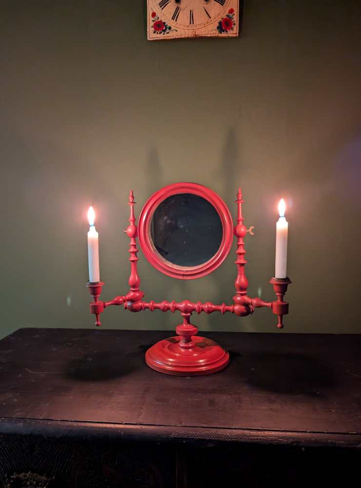 19th century red painted shaving mirror with candle sconces - Image 13
