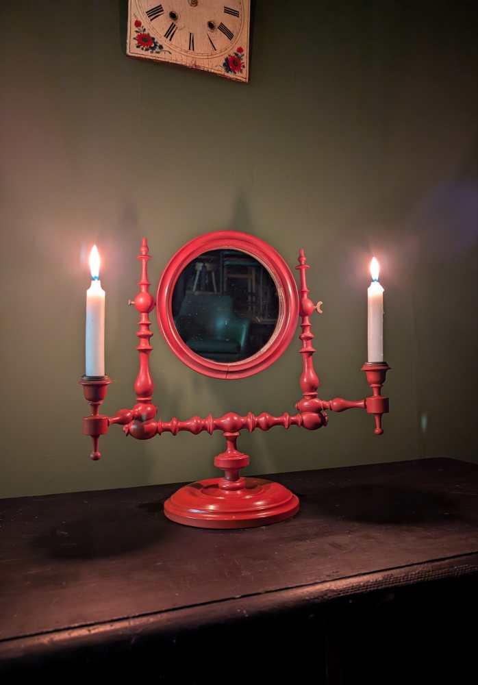 19th century red painted shaving mirror with candle sconces - Image 2