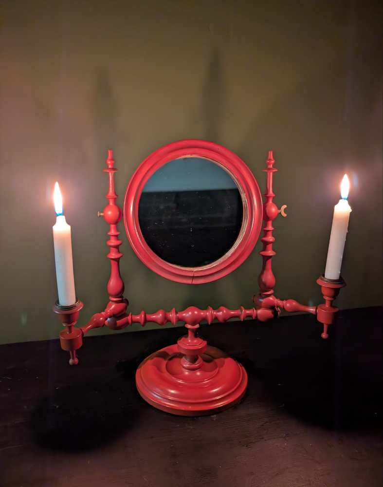 19th century red painted shaving mirror with candle sconces - Image 7