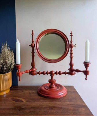 19th century red painted shaving mirror with candle sconces