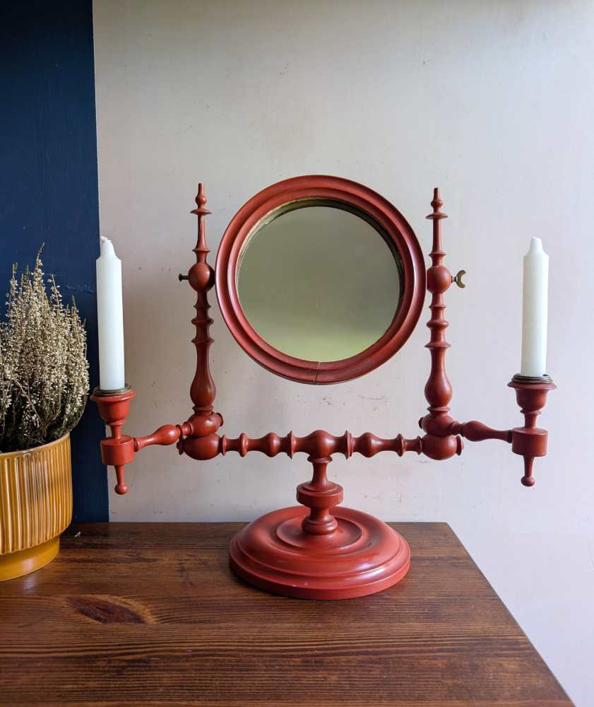 19th century red painted shaving mirror with candle sconces