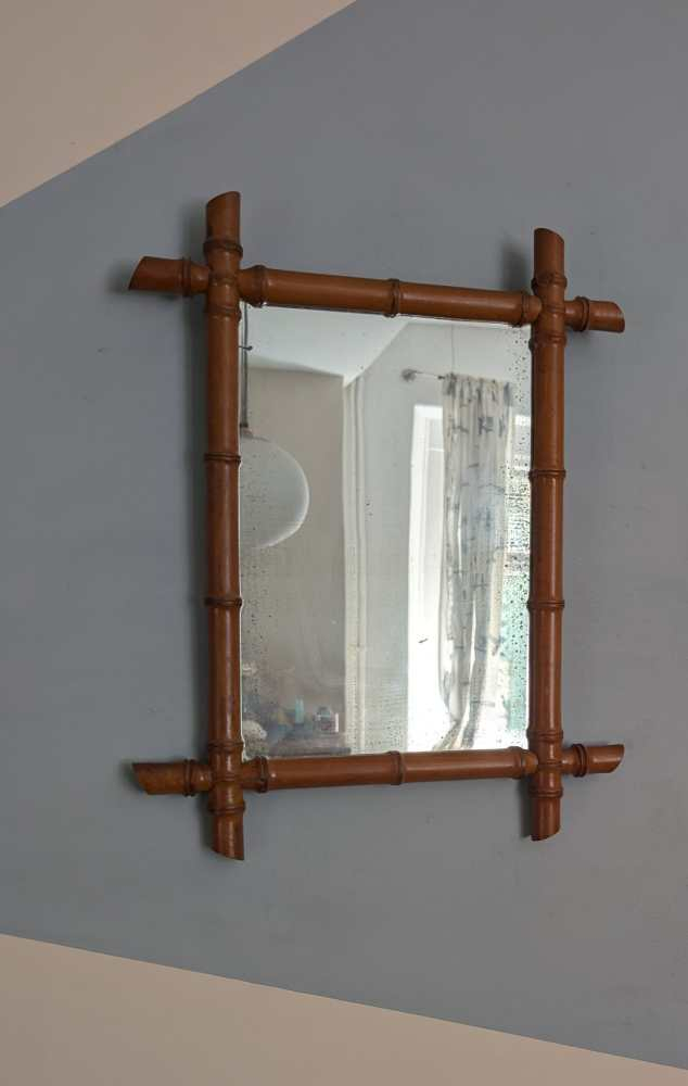 Antique French early 20th century wooden faux bamboo rectangular wall mirror - Image 3