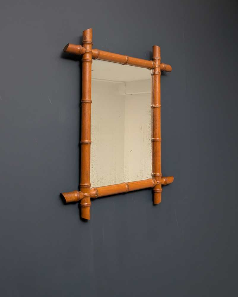 Antique French early 20th century wooden faux bamboo rectangular wall mirror - Image 9