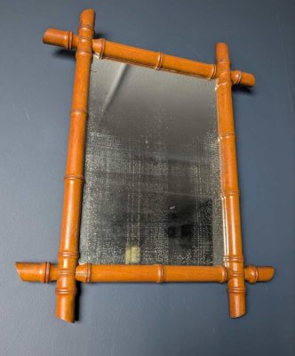 Antique French early 20th century wooden faux bamboo rectangular wall mirror