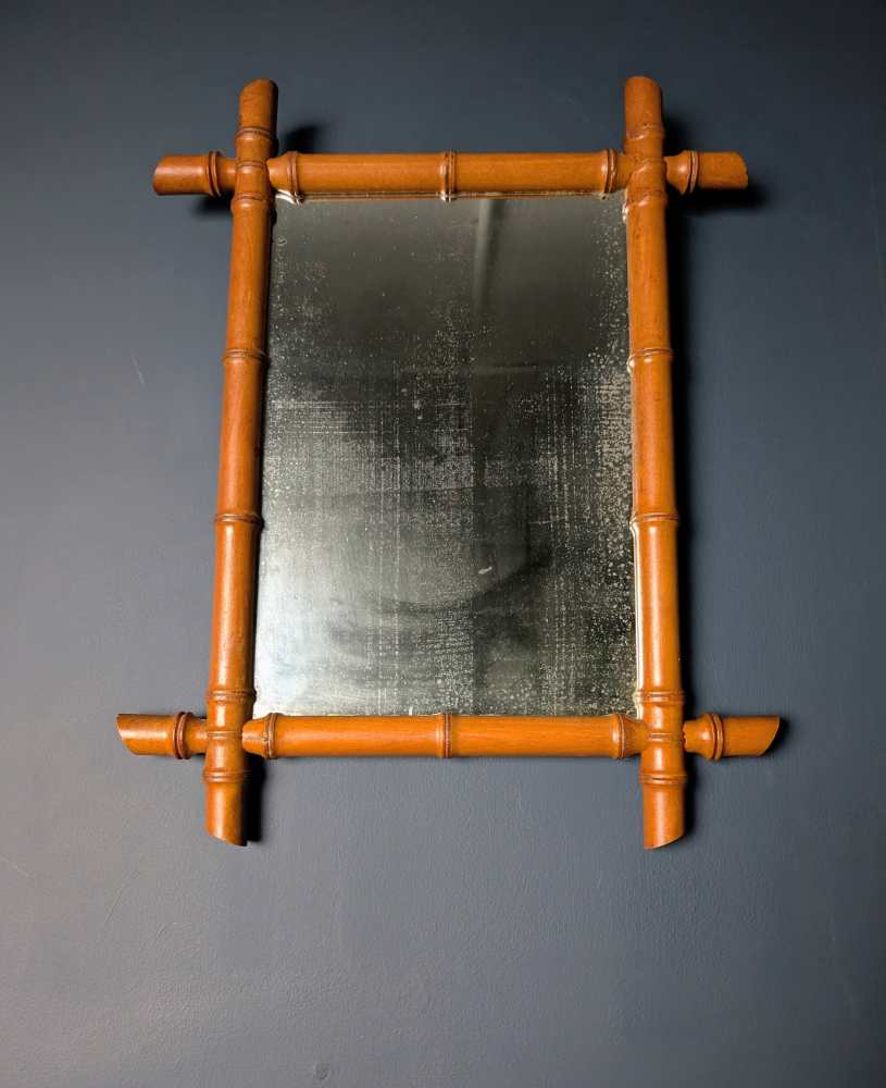 Antique French early 20th century wooden faux bamboo rectangular wall mirror - Image 5