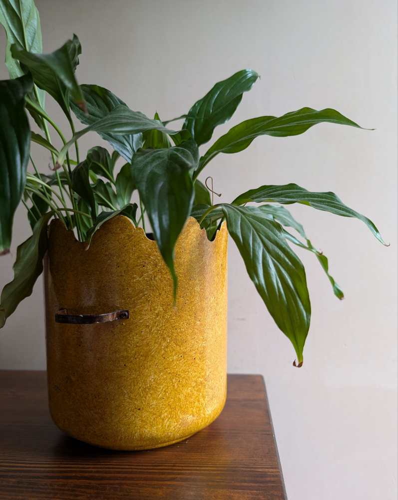 Turreted metal yellow plant pot - Image 2