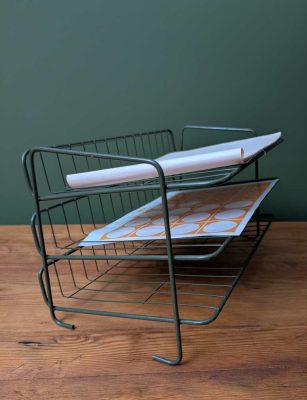 Midcentury Hago office 3 tier green wire document shelves (new old stock) - 2 available