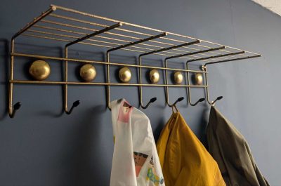 Atomic 1960s gold tone coat rack with hat shelf, kitchen hooks