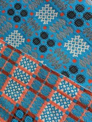 Vintage Welsh wool double sided double blanket in teal and reds