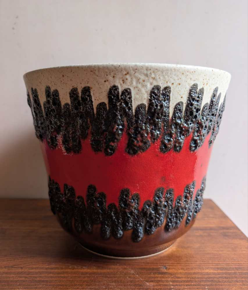Large Bay Keramik fat lava red and cream plant pot - Image 6