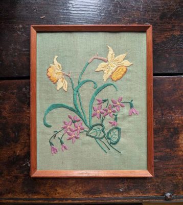 Midcentury embroidered daffodils in vintage wooden frame