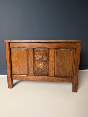 Midcentury American Oak carved coffer chest