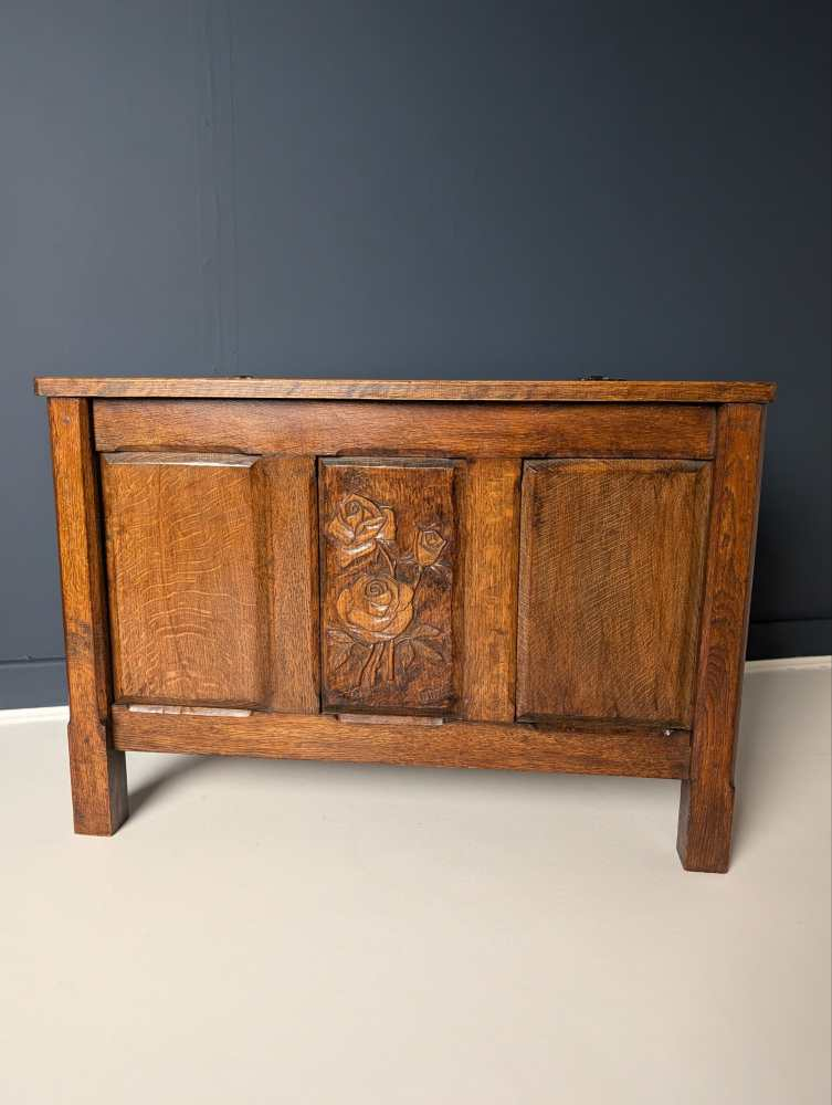 Midcentury American Oak carved coffer chest