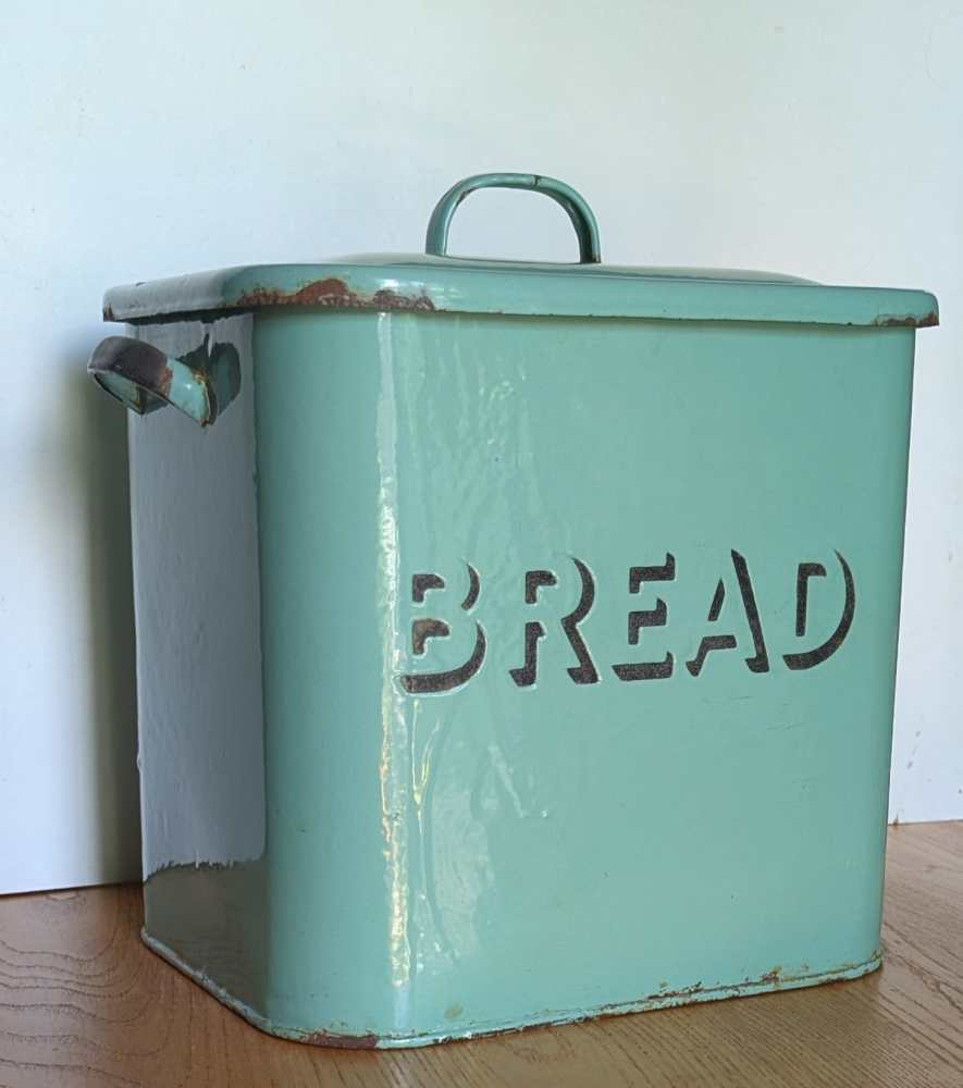 Large midcentury green enamel bread bin
