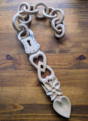 Hand carved Welsh Lovespoon with long chain