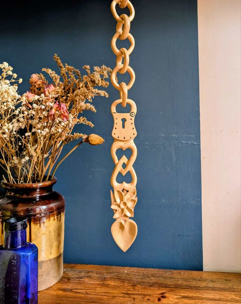 Hand carved Welsh Lovespoon with long chain - Image 2