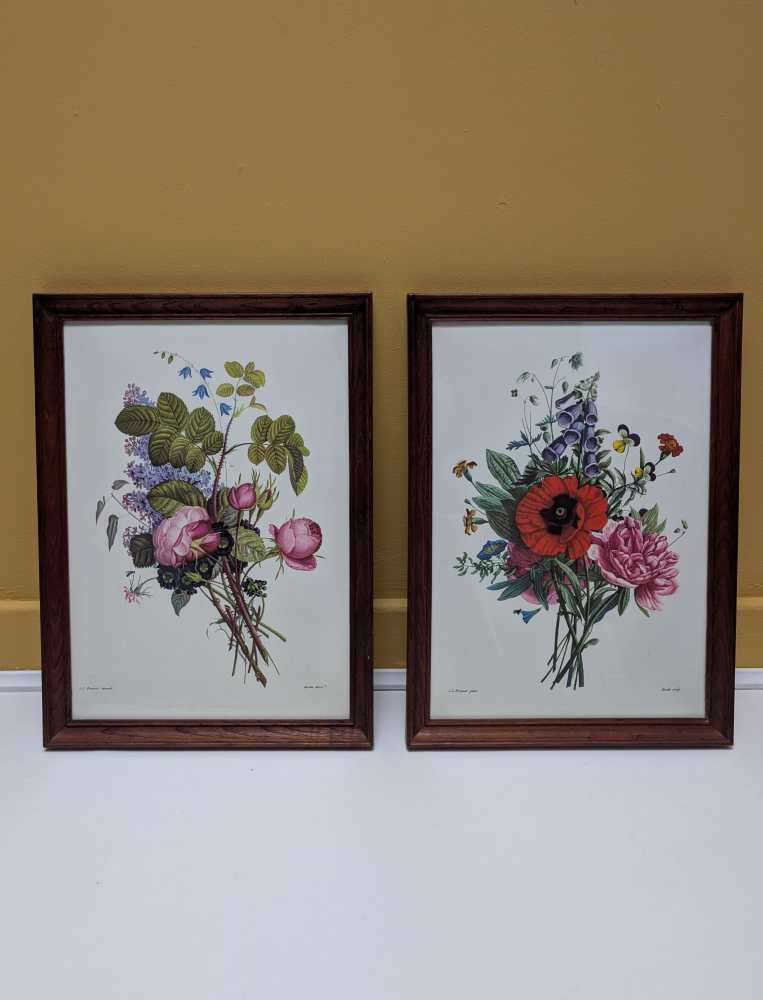Pair of French floral prints of early 19th C. flower illustrations, after J.L. Prevost in matching wooden frames