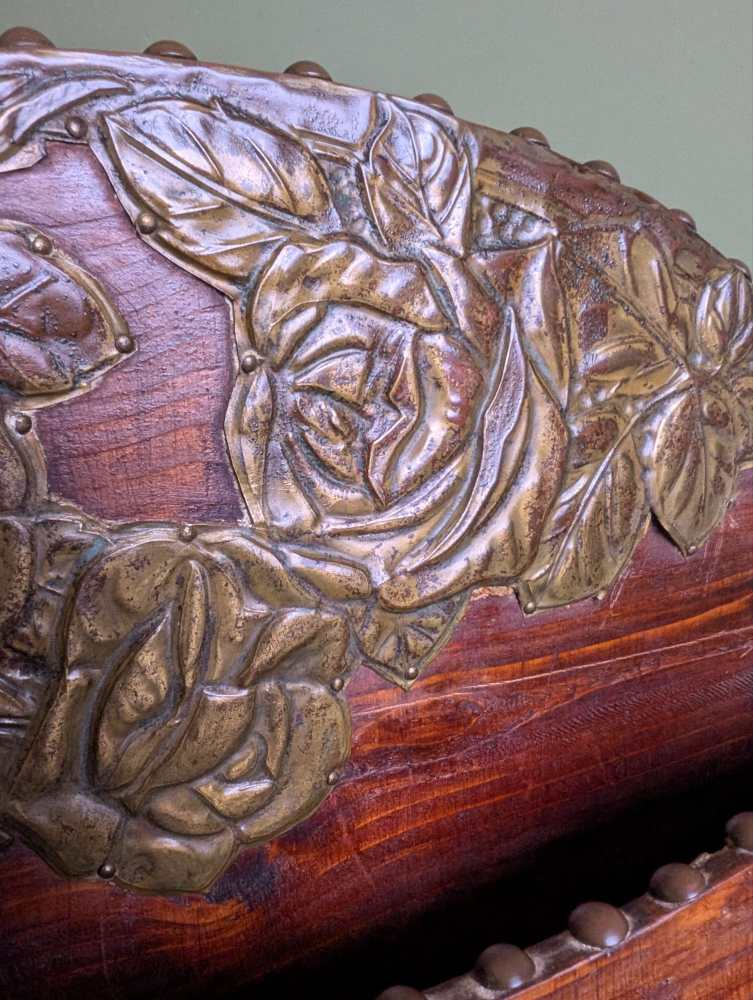 c.1900 stained pine and repoussé copper letter rack - Image 7