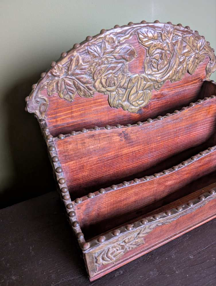 c.1900 stained pine and repoussé copper letter rack - Image 14