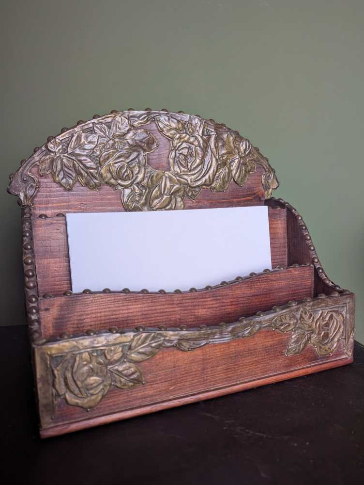 c.1900 stained pine and repoussé copper letter rack - Image 2