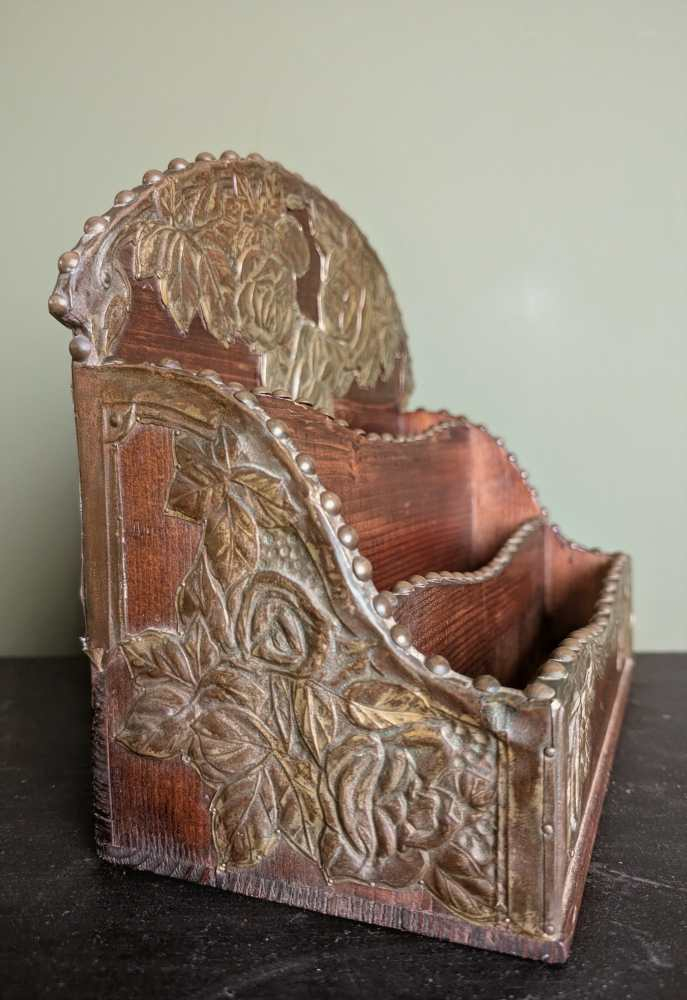 c.1900 stained pine and repoussé copper letter rack - Image 9