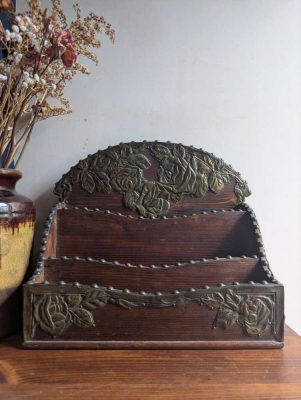 c.1900 stained pine and repoussé copper letter rack