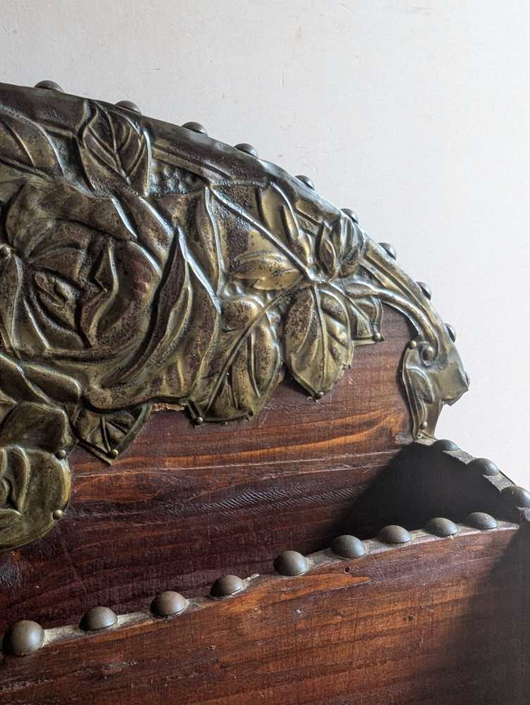 c.1900 stained pine and repoussé copper letter rack - Image 3