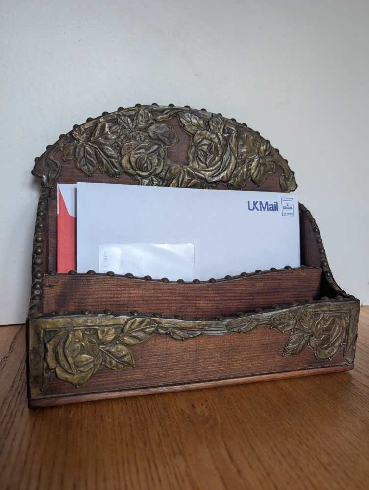 c.1900 stained pine and repoussé copper letter rack - Image 11