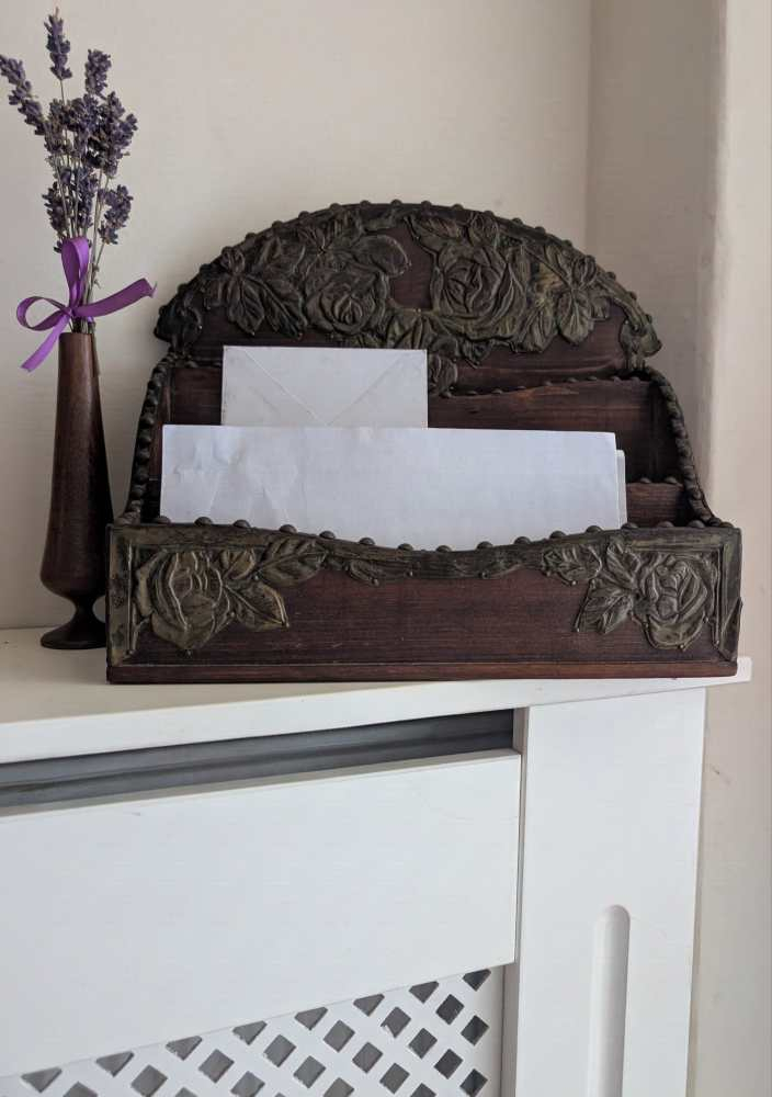 c.1900 stained pine and repoussé copper letter rack - Image 6