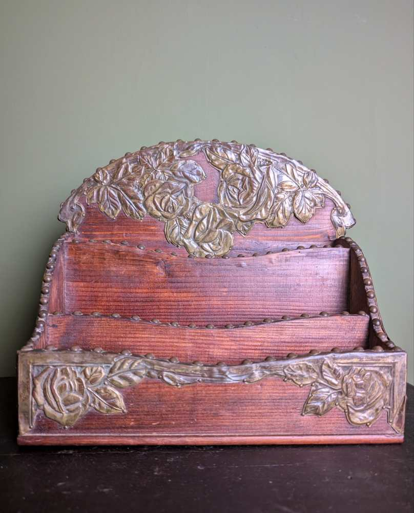 c.1900 stained pine and repoussé copper letter rack - Image 8