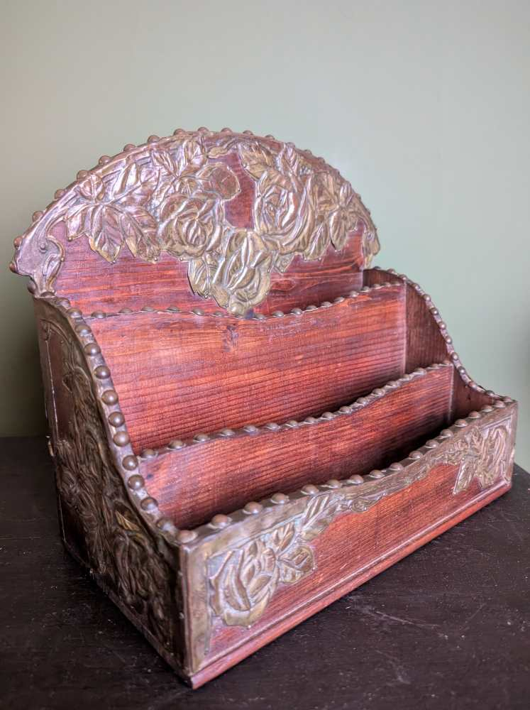 c.1900 stained pine and repoussé copper letter rack - Image 4