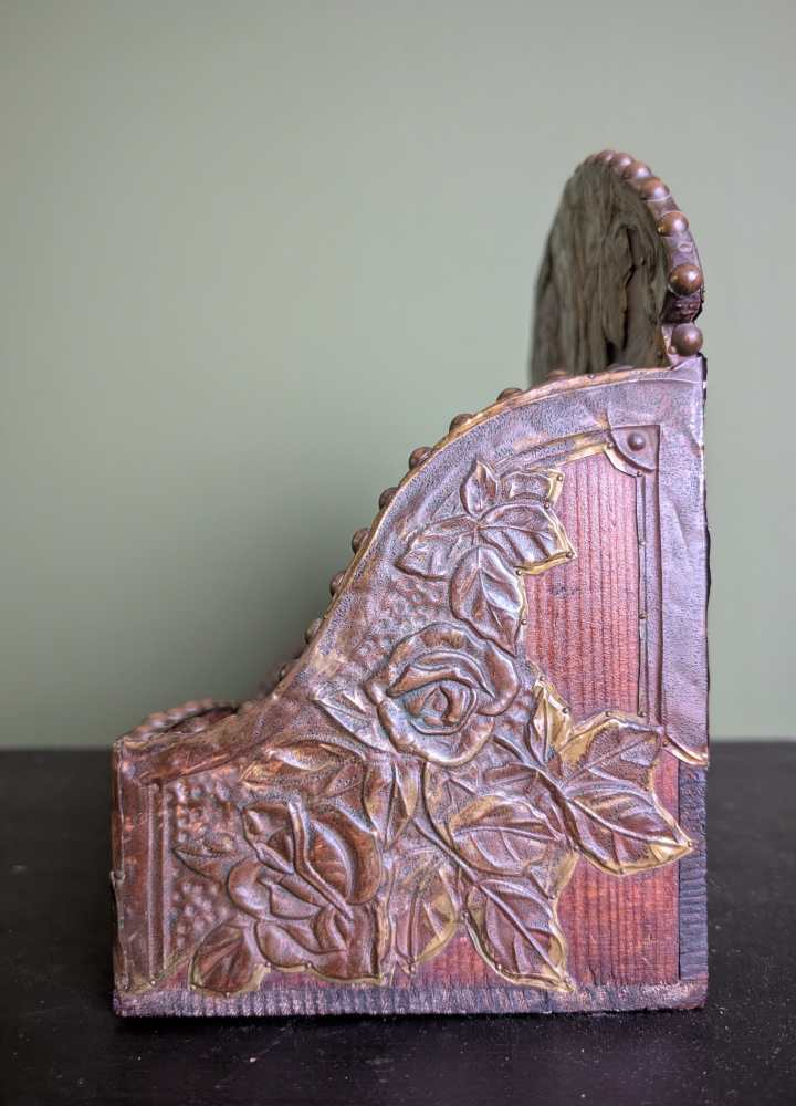 c.1900 stained pine and repoussé copper letter rack - Image 5