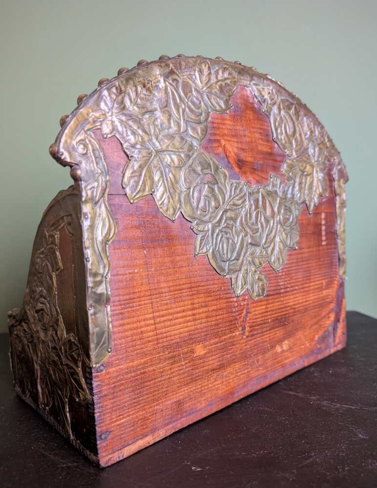 c.1900 stained pine and repoussé copper letter rack - Image 13