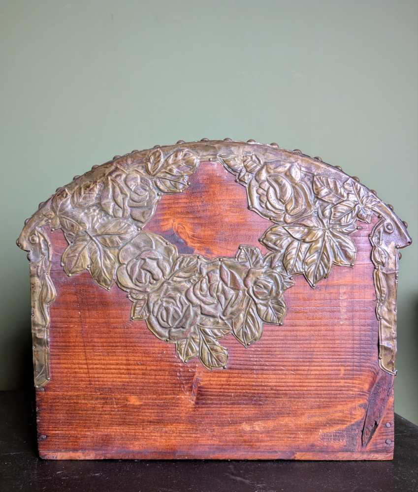c.1900 stained pine and repoussé copper letter rack - Image 10