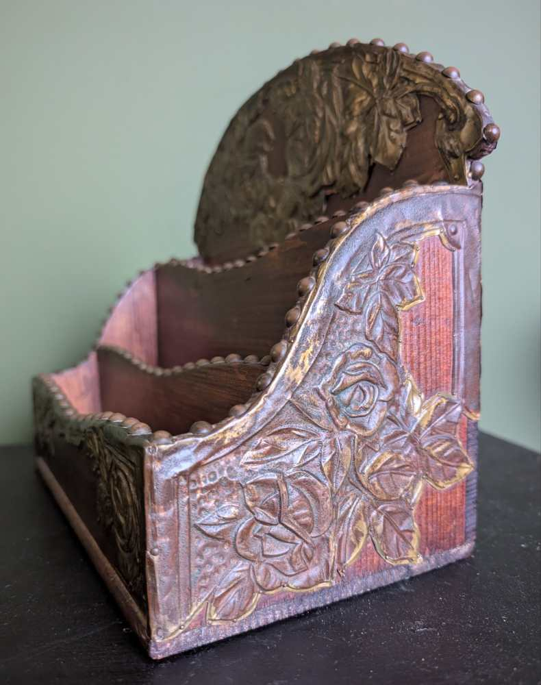 c.1900 stained pine and repoussé copper letter rack - Image 12