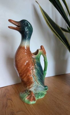 Barbotine duck absinthe water jug, St Clement, France, 1950s