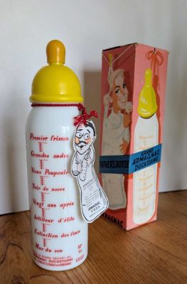 Novelty midcentury Almanac brandy bottle