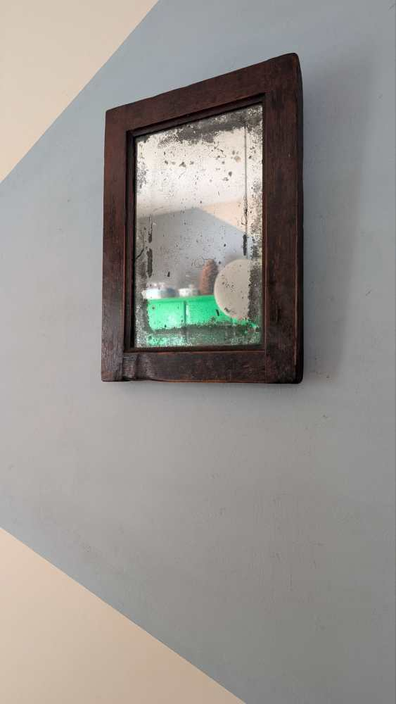 19th c. heavily foxed mirror in oak frame - Image 6