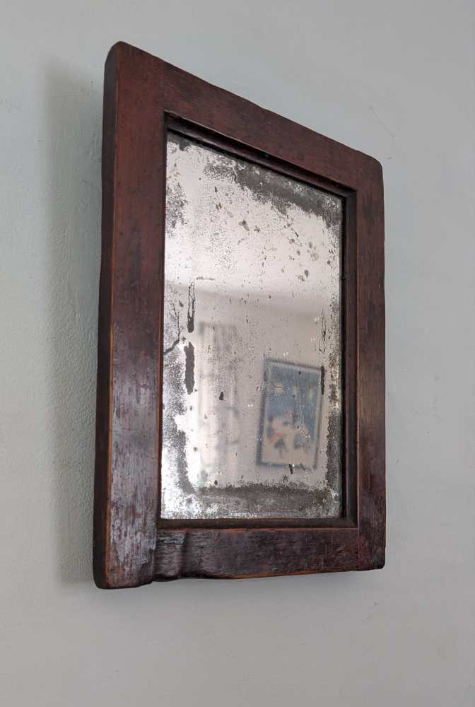 19th c. heavily foxed mirror in oak frame - Image 2