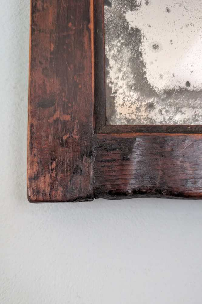 19th c. heavily foxed mirror in oak frame - Image 4