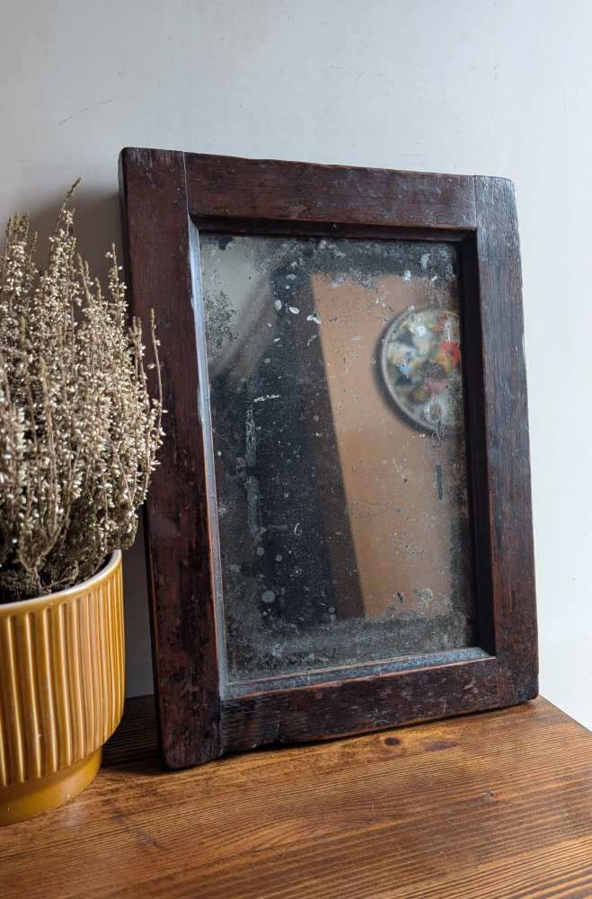 19th c. heavily foxed mirror in oak frame - Image 9