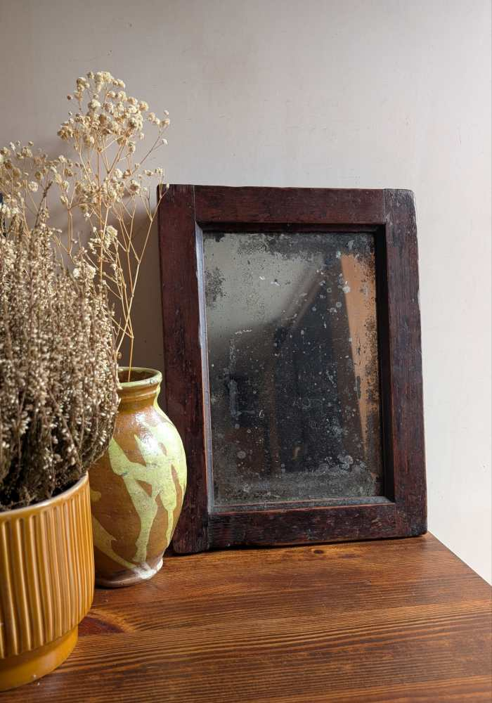19th c. heavily foxed mirror in oak frame - Image 12