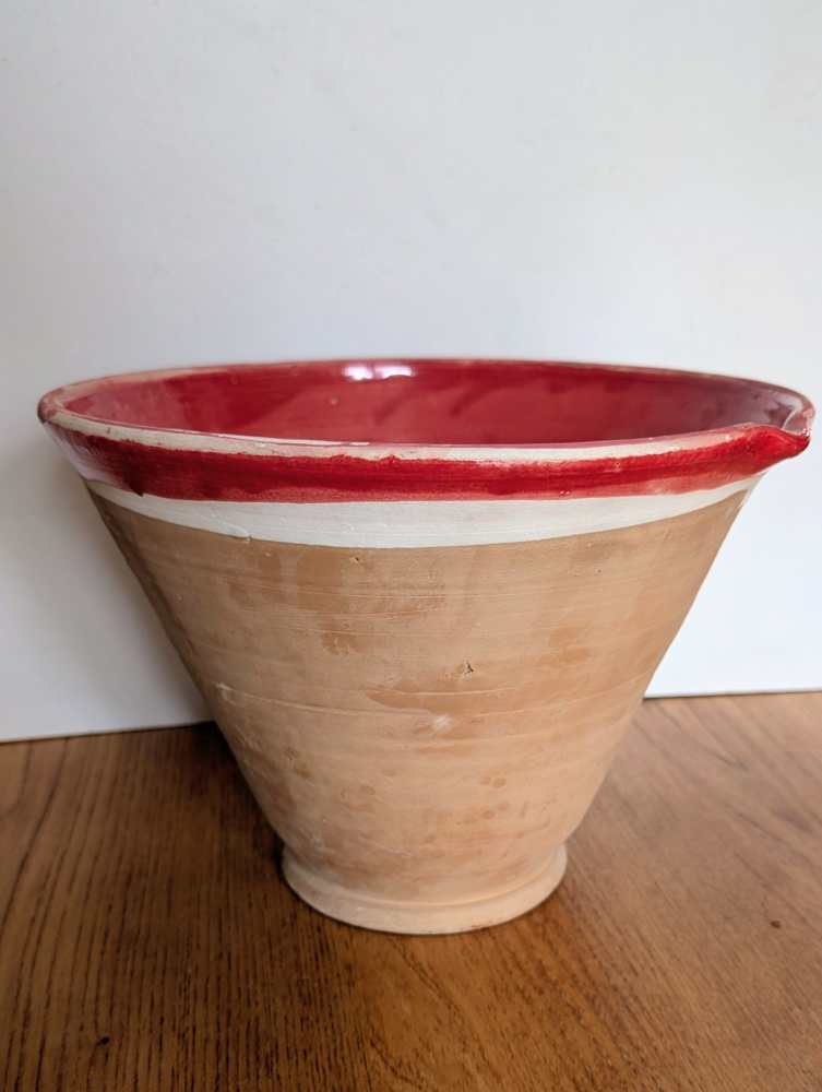 Tall stoneware dairy bowl with red interior - Image 2