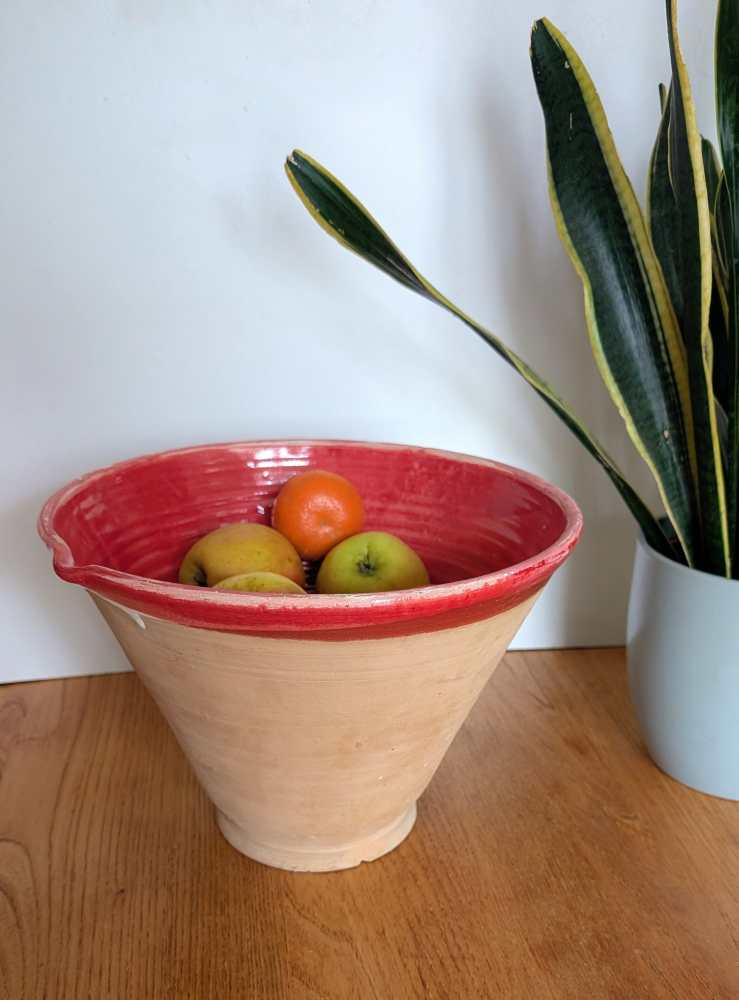 Tall stoneware dairy bowl with red interior - Image 6