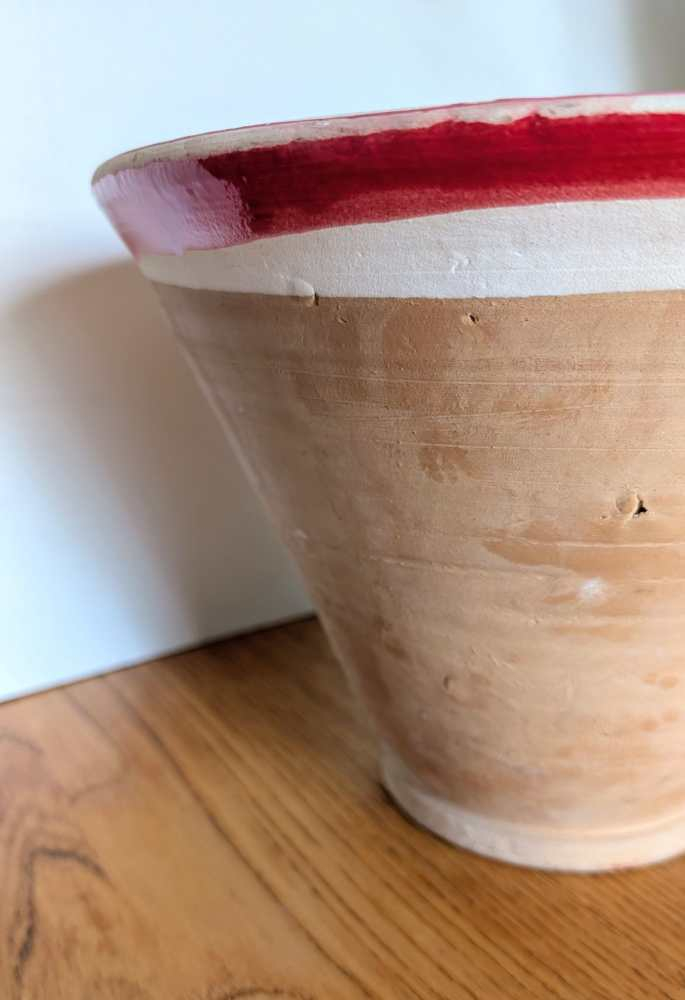 Tall stoneware dairy bowl with red interior - Image 4