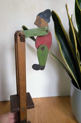 Vintage scratch-built mechanical wooden trapeze toy