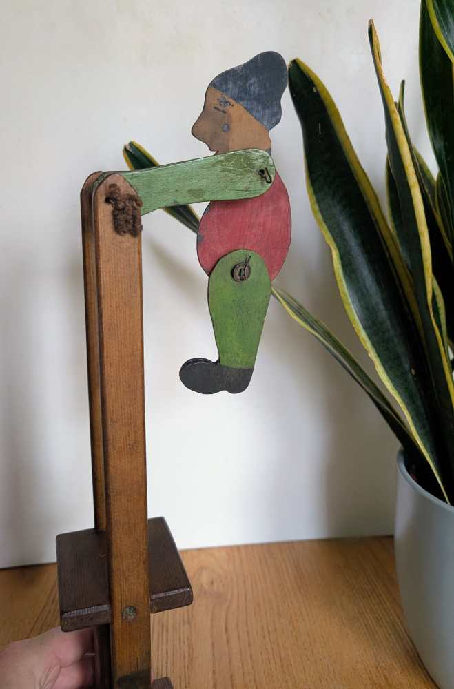 Vintage scratch-built mechanical wooden trapeze toy