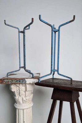 Pair of vintage blue painted steel scientific lab stands - for plants or jewellery