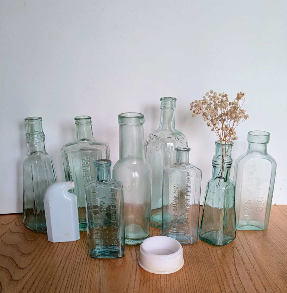 Set of 10 antique bottles for decor, vases