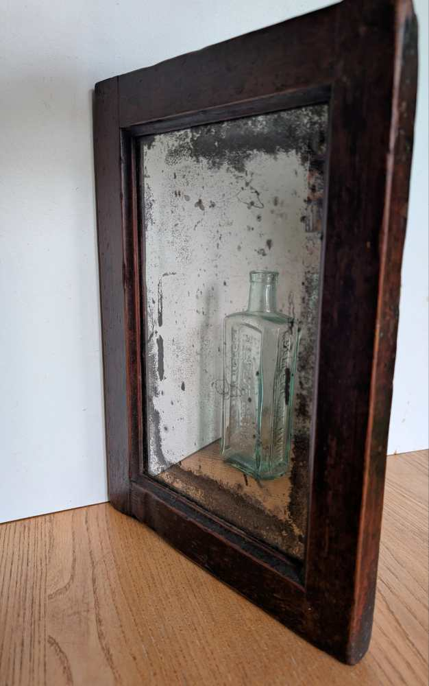 19th c. heavily foxed mirror in oak frame - Image 8